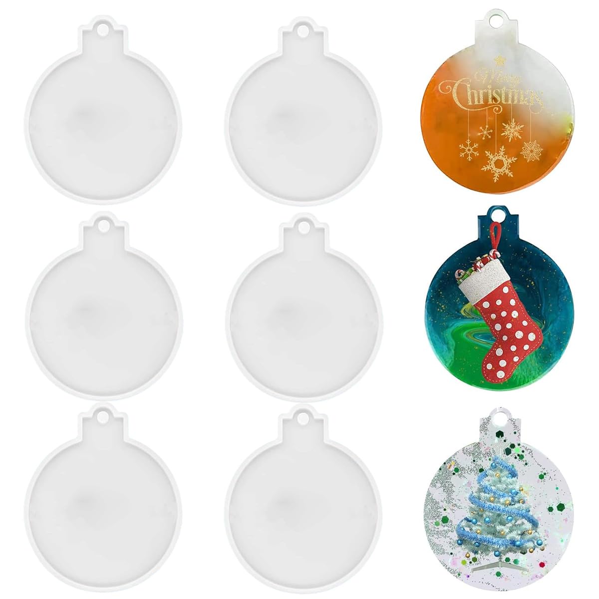 DIY Christmas Tree Hanging Ornament Resin Mold Set of 6pcs 2.75" Round Pendant Silicone Molds for Epoxy Resin, DIY Keychain Pendent Mold