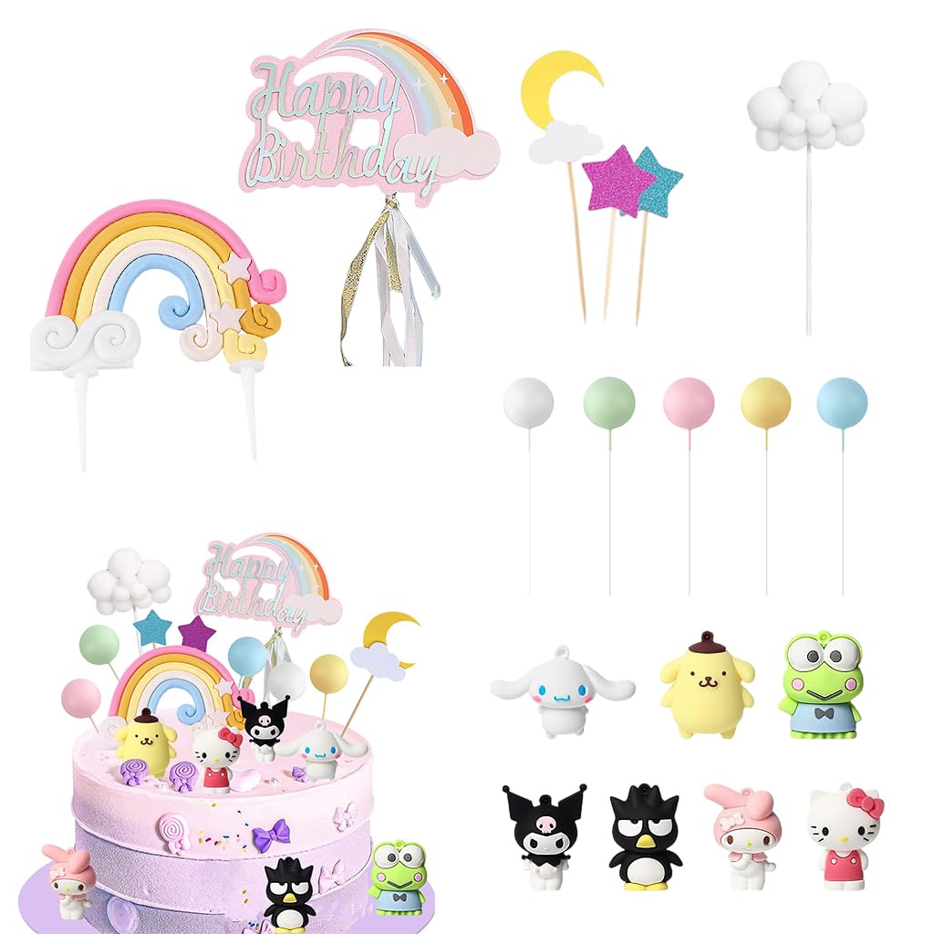 HASTHIP Cake Toppers Set 18Pcs for Birthday and Shower Parties featuring Silicone Characters and Rainbow Balloons