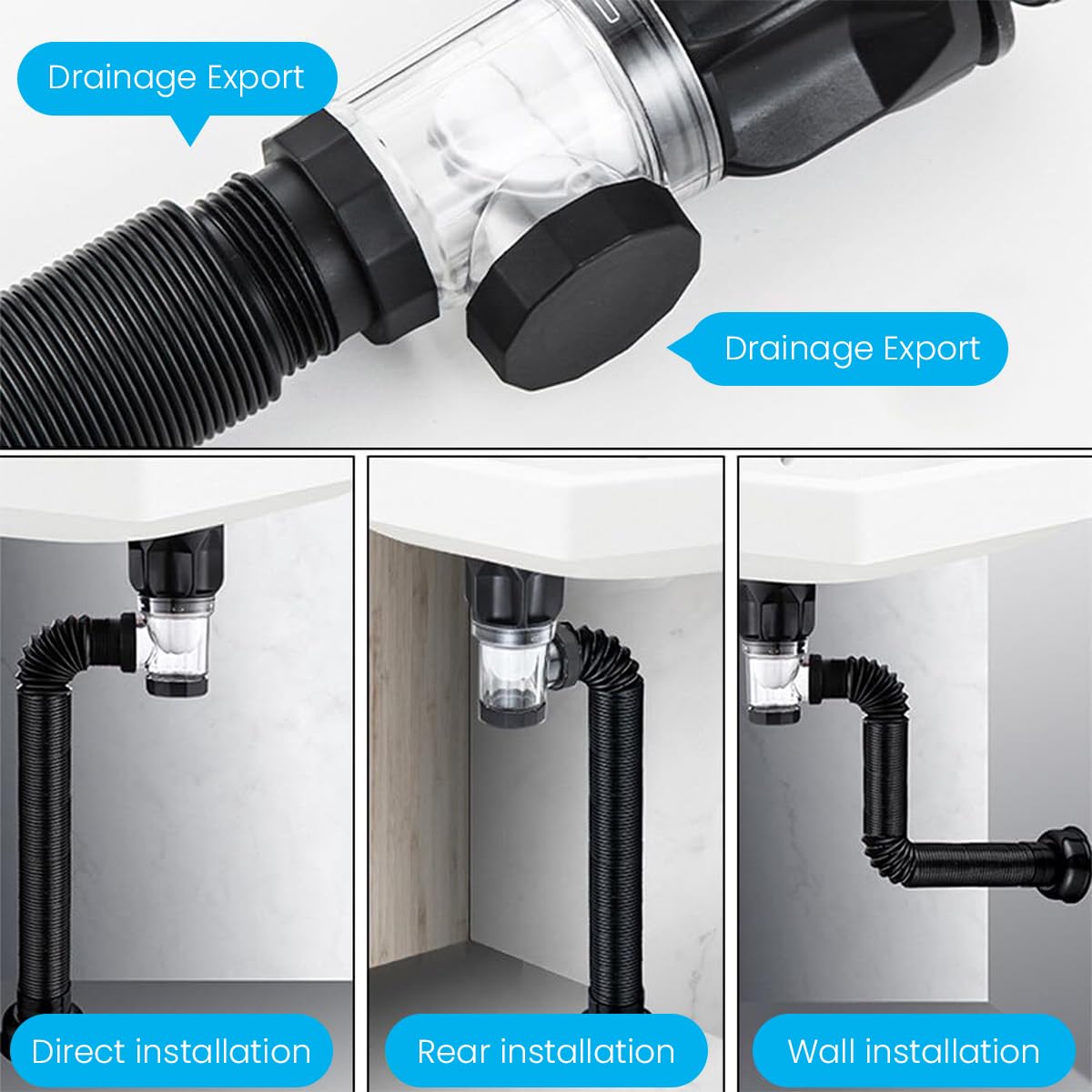 Sink Drain Kit with Flexible Expandable P-Trap Sink Drain Pipe Tube Anti-Odor Bathroom Sink Drain Pipe 3 in 1 Plumbing, Fits for 1-1/4'' & 1-1/2'' Drain Hole, For Kitchen Bathroom Sewer Drain