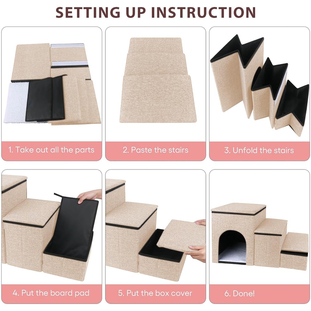 HASTHIP® 3-in-1 Dog & Cat Stairs with Storage, Pet Steps Ramp for Small Dogs & Cats to Bed Couch, Multi-Purpose Pet House with Condo & Play Area, Easy Assembly, Durable Non-Slip Design
