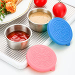 2pcs Salad Dressing Container to Go, 40ML Small Containers with Lids, Reusable Stainless Steel Sauce Cups for Lunch Bento Box, Picnic and Travel, Pink+Blue