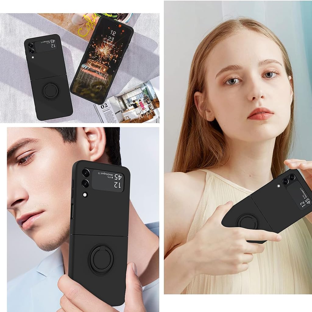 HASTHIP® Samsung Galaxy Z Flip 3 5G Case with Built-In Ring Grip, Anti-Scratch TPU, Shock Absorption, Slim Design, Wireless Charging Compatible, Matte Finish, Black