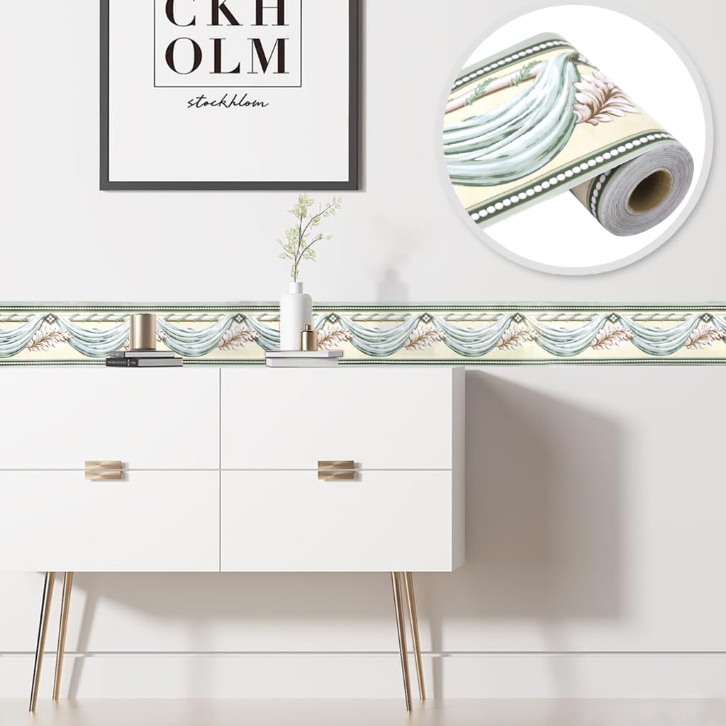HASTHIP® Wall Border Sticker - 3.9''×29.5 Ft Self-Adhesive Floral Trim PVC Frame Sticker, Kitchen Bathroom Waterproof Wallpaper Border Self Adhesive Tiles Sticker for Room Decor, Cupboard (Green)