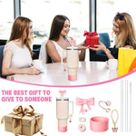 HASTHIP Stanley Cup Accessories 18 pcs Set for Enhanced Drink Use with Straw Caps and Brush | Cute Bow Charm and Bottom Sleeve Decor Kit