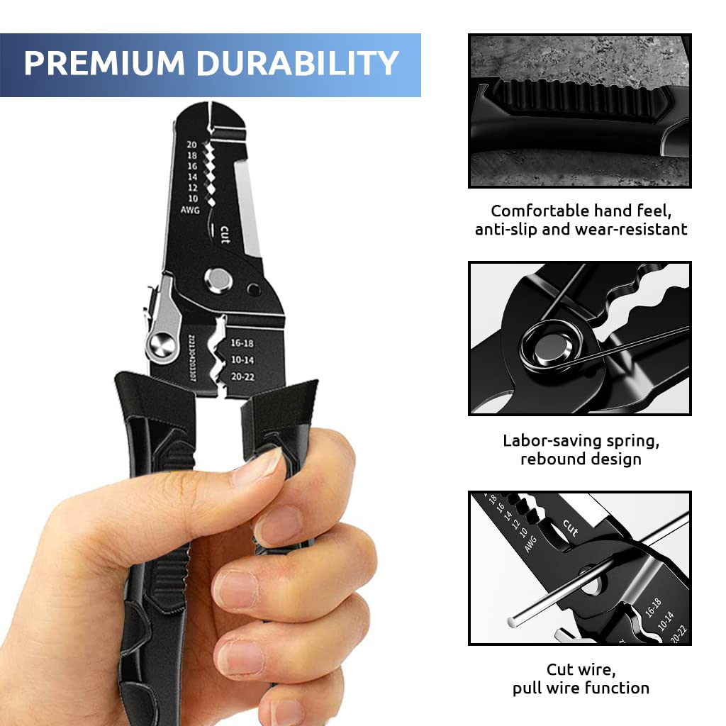 Multipurpose Wire Cutter and Stripper Tool Durable Carbon Steel Ergonomic Grip 10-22 AWG for Electricians & DIY with Safety Lock Crimping & Cutting Functions