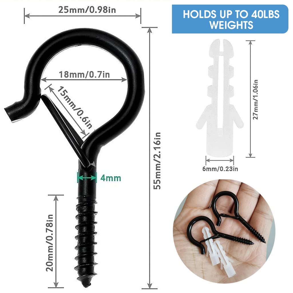 HASTHIP 20Pcs Screw Wall Hooks for Outdoor String Lights, Outdoor Hooks for Light Eye Hooks Screw-in Cup Hooks Ceiling Hooks with Safety Buckles, Hanging Hooks for Plants Pot (Black)