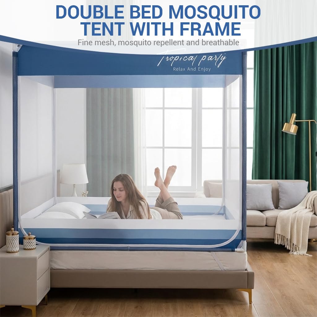 HASTHIP® Double Bed Mosquito Tent with Frame, Built in Phone Pocket & Charging Cable Open, Roofed Full Coverage Fine Mesh Mosquito Tent with Dual Side Zip-up Doors, 1.8m x 2m x 1.7m
