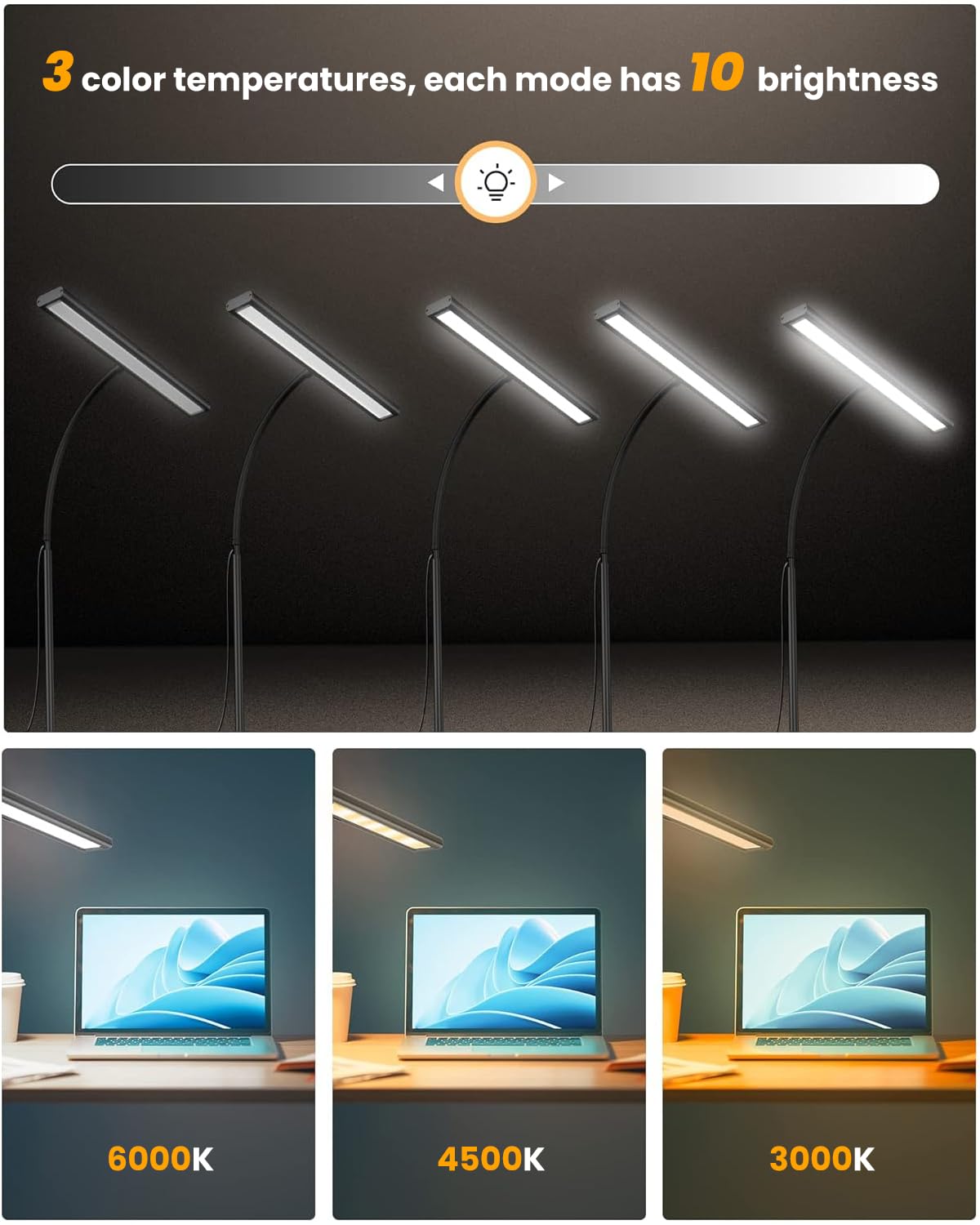 HASTHIP® 3-Color LED Table Lamp for Study Room, 15.7'' Study Lamp with Flexible Gooseneck USB Wired Desk Light with 10-Level Dimming Aluminum Alloy Lamp Light for Study, Office