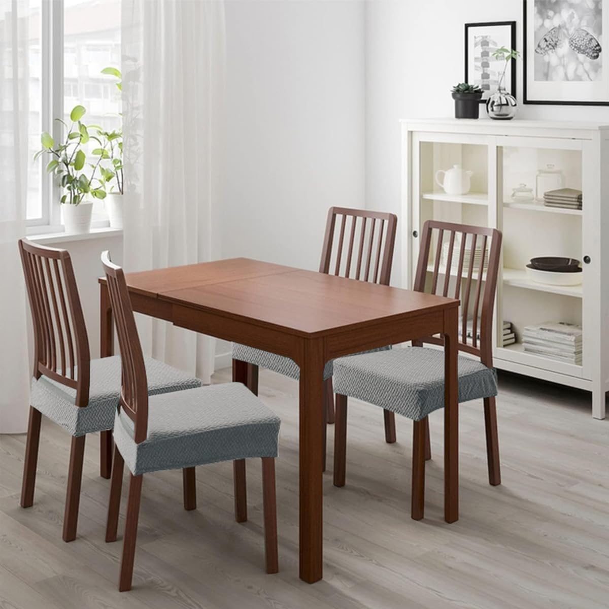 4Pcs Dining Chair Cushioned Seat Chair Cover Elegant Jacquard Grey Cover Stretchy Dacron Seat Cover for Cushioned Seat Chair, Cushioned Dinning Chair