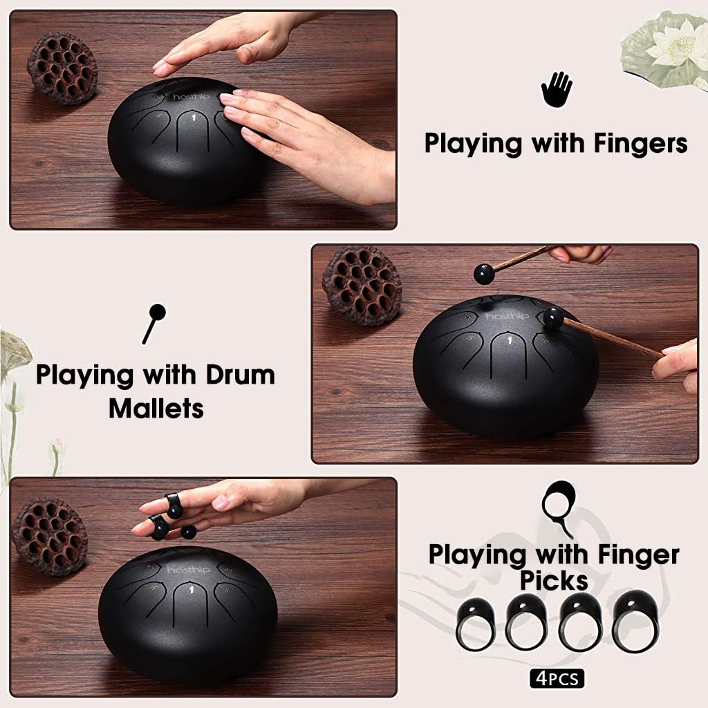 Steel Tongue Drum 8 Note, 6 inch Percussion Instrument Handpan Drum with Bag, Music Book and Mallets for Kids and Adults Meditation Musical Education Concert Mind Healing Yoga (Black)