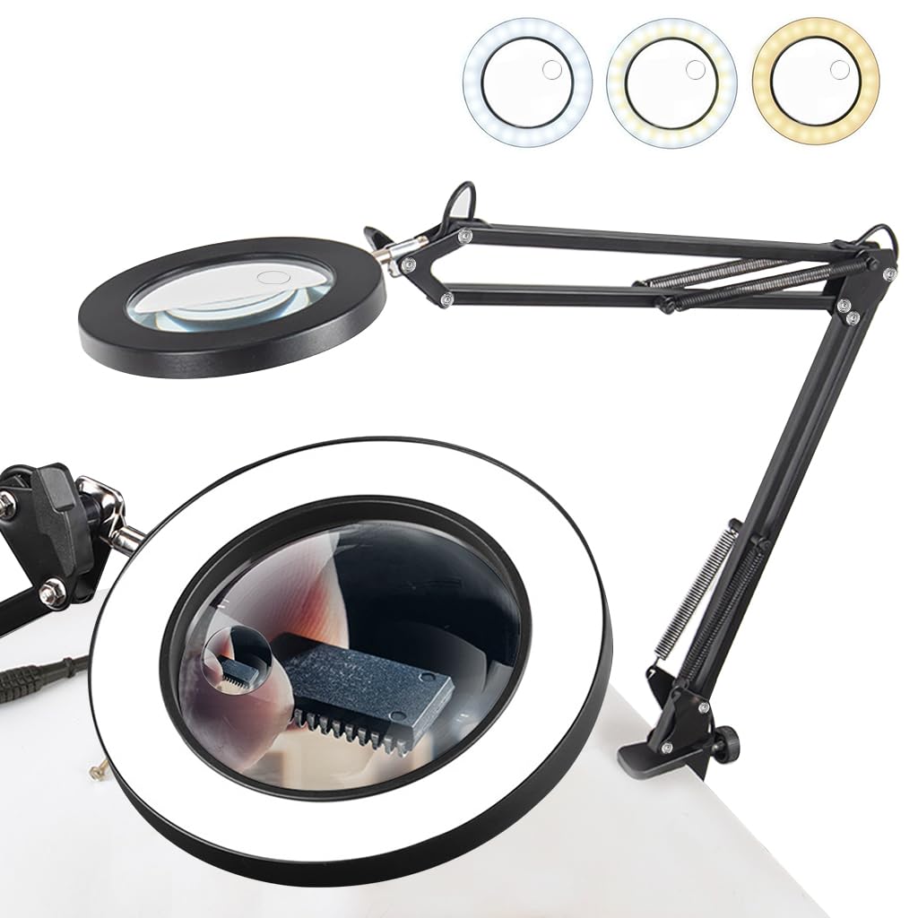 HASTHIP Desk LED Magnifier for Repairing and Reading with 15X Lens and Flexible Arm | 3-Color USB Lamp