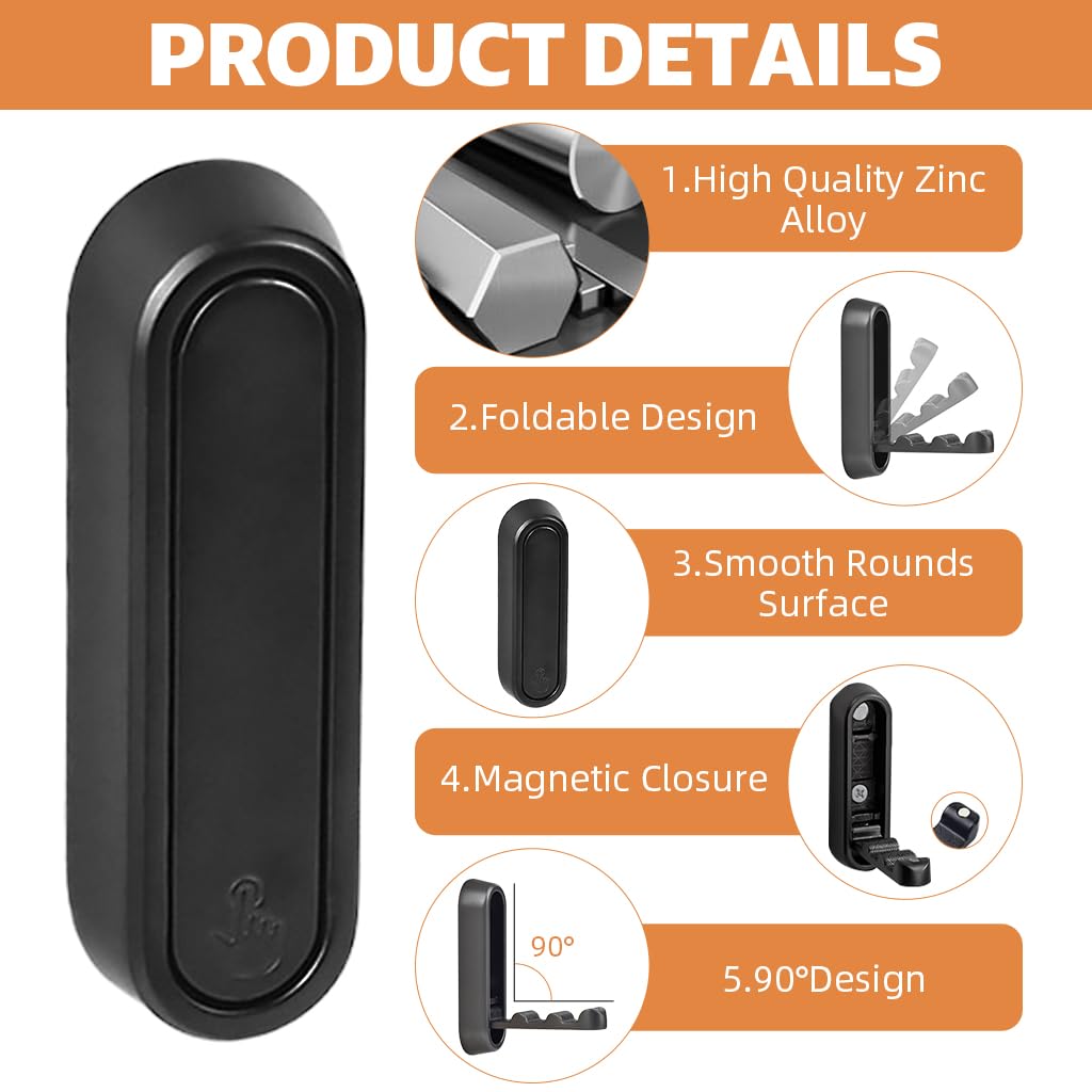 HASTHIP Folding Wall Hooks for Coats and Towels with 90° Foldable Design and Zinc Alloy | 2 Pcs Black Heavy Duty Set
