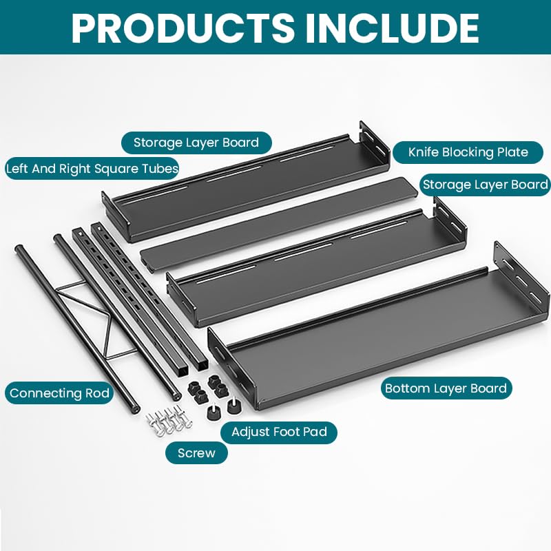 HASTHIP Kitchen Storage Rack for Countertop Organization with 3 Tier Adjustable Shelves and Cutter Holder | Carbon Steel Space Saving Shelf