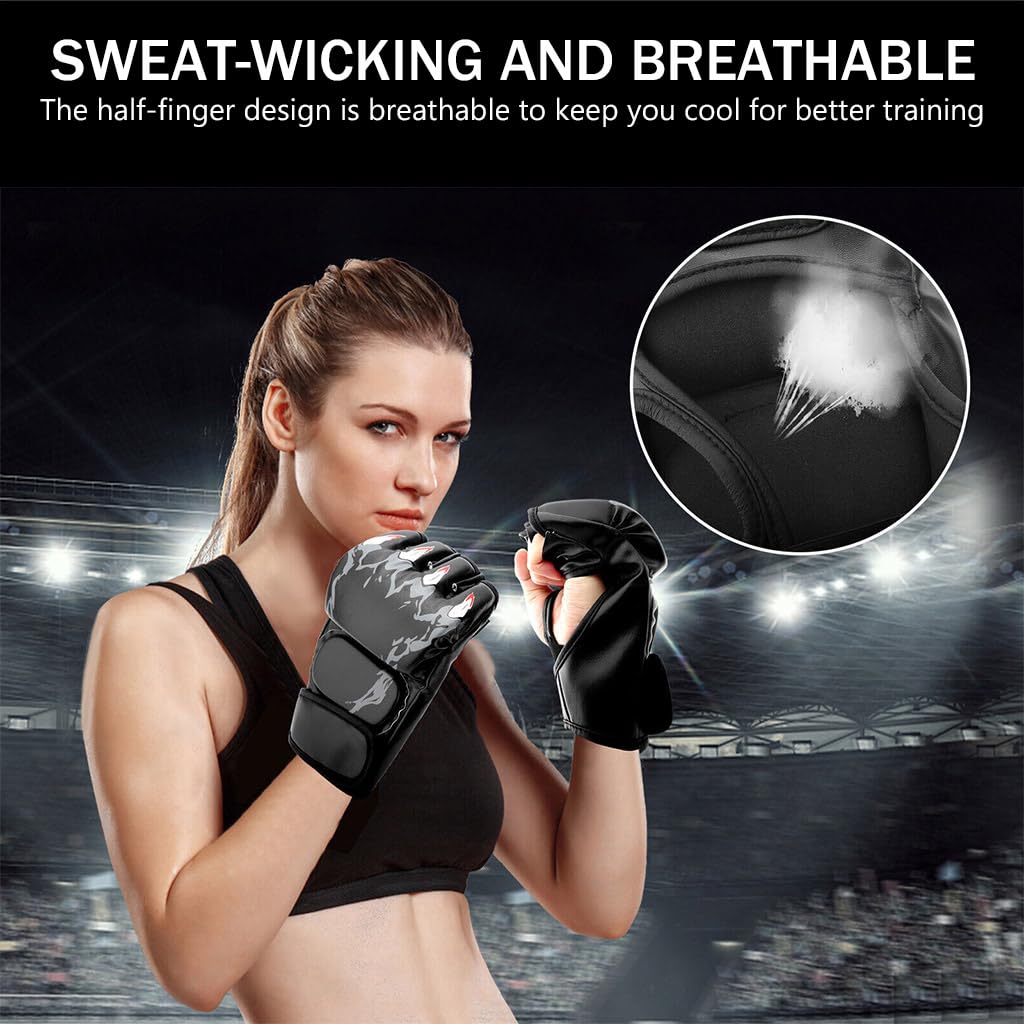 HASTHIP® Boxing Gloves Black Print MMA Gloves with Adjustable Wristband, Breathable Fingerless MMA Gloves for Boxing, Muay Thai and Sparring Sessions, Punching Gloves