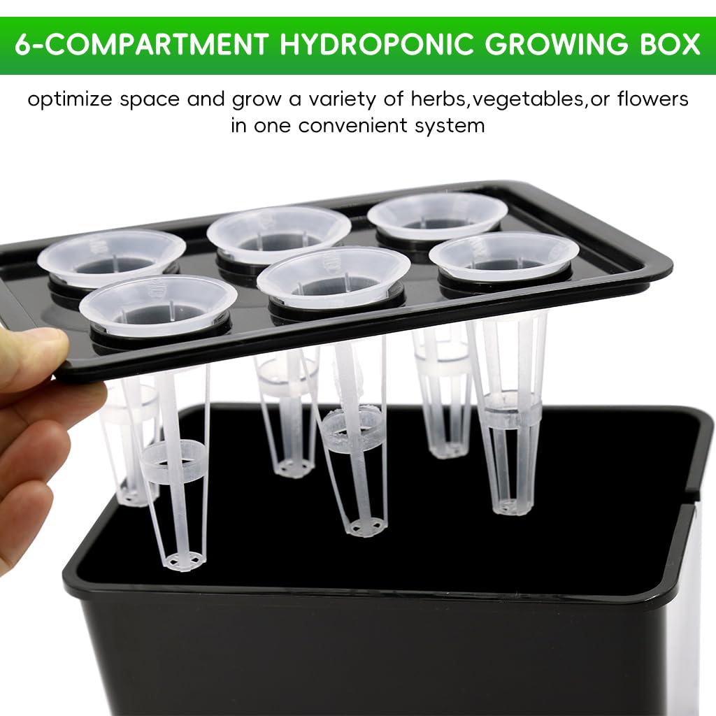 HASTHIP Hydroponic System Kit for Indoor Gardening with 6 Compartments and USB Air Pump | Black PP Grow Box