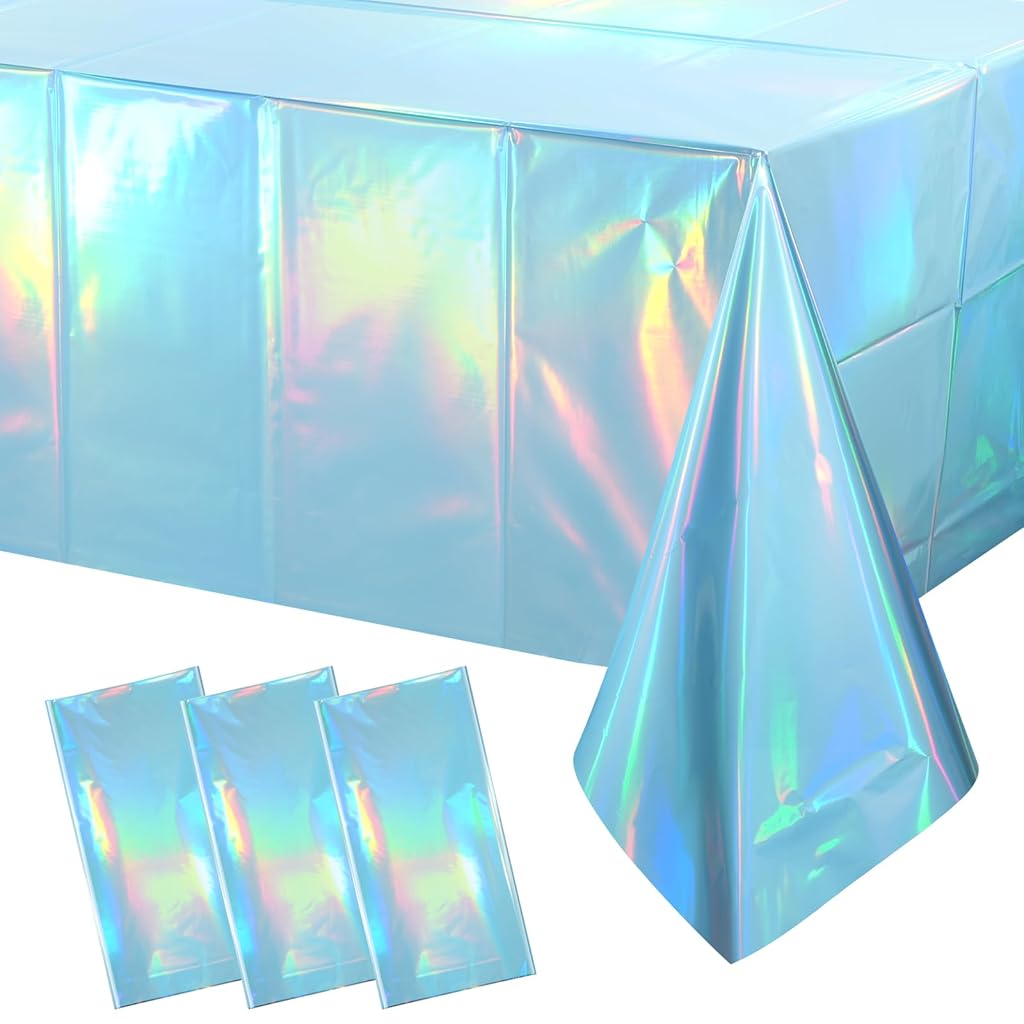HASTHIP® Dining Table Cover -3 Pack Iridescent Light Blue Tablecloth Laser Baby Blue Holographic Plastic Dining Table Cloth for Birthday Baby Shower Party Decorations, 54x108 Inch-Rainbow