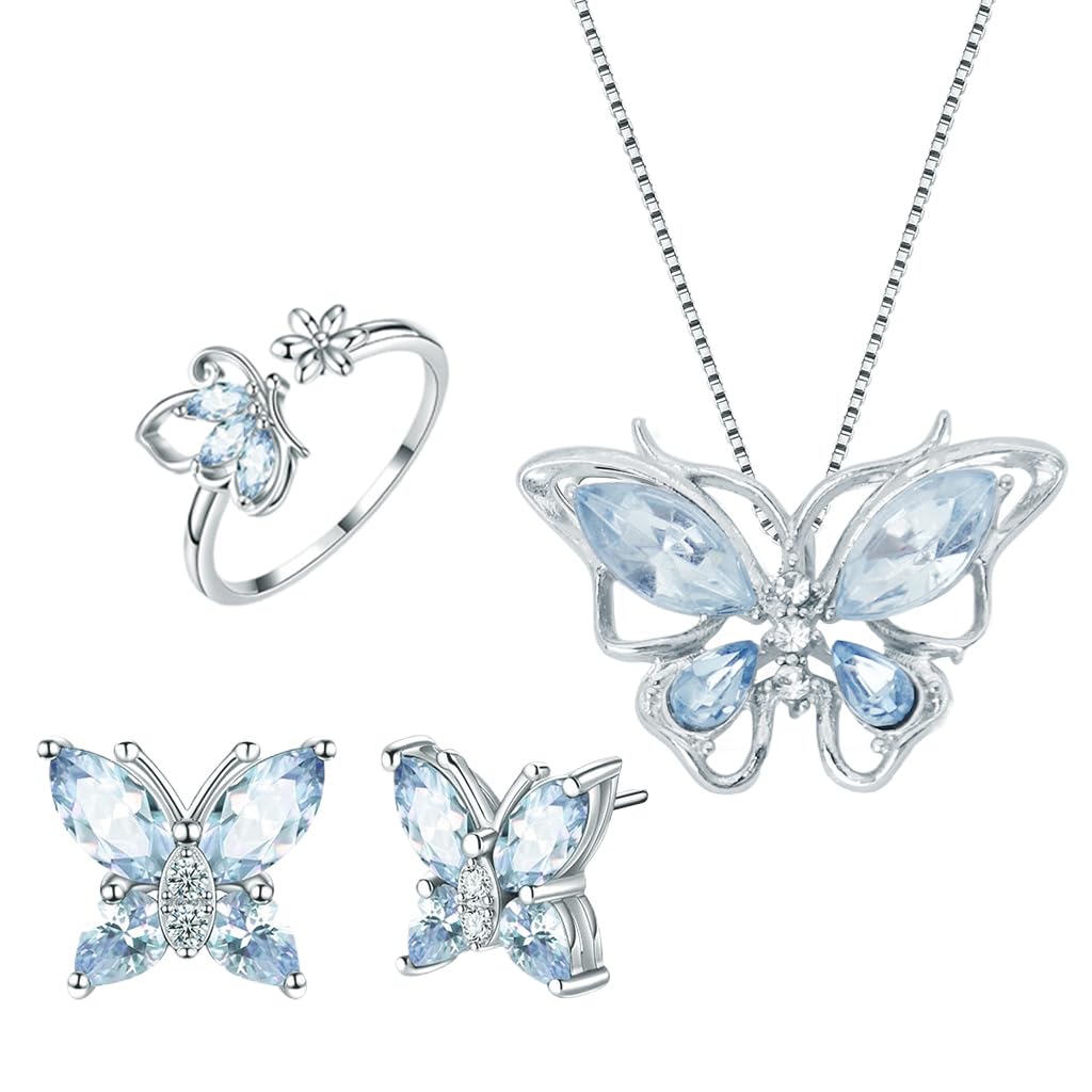 HASTHIP® Juego de Joyería para Mujer 4 Piezas,Collar con Colgante de Mariposa,Pulsera Aretes y Anillo Ajustable con Cristales Azules Set Elegante para Regalo Cumpleaños o San Valentín