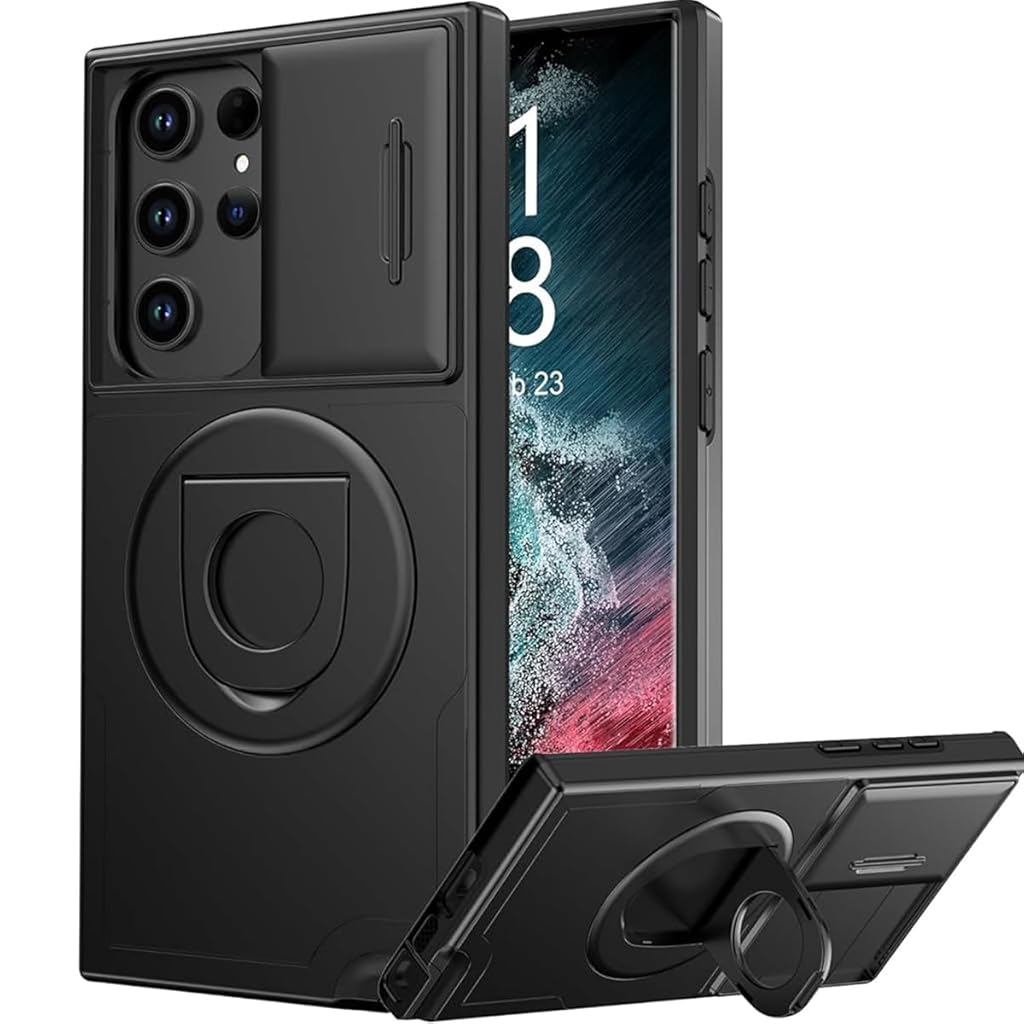 HASTHIP® 6.8" Black Samsung Galaxy S22 Ultra Case with Sliding Camera Protector, MagSafe Compatible Ring Holder, Durable TPU, Anti-Scratch, Hands-Free Stand