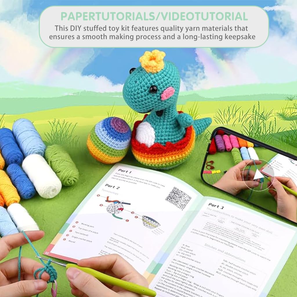 Crochet Stuffed Animal Kit Crochet Kit for Beginners Knitting Kit Full Set Crochet Starter Kit with Yarn, Polyester Fiber, Crochet Hooks, Tutorial Video, DIY Gift Friends (Rainbow Dinosaur)