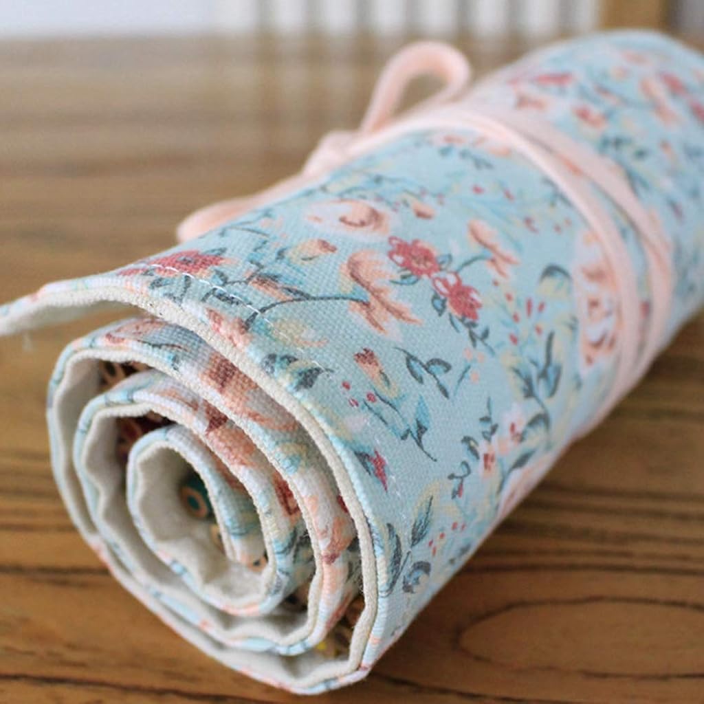 HASTHIP® Canvas Handmade Knitting Pencil Roll Wrap Holder, Large Capacity 48 Slots Pencil Case, Multi-Compartment Portable Canvas Pouch Organizer for School Office Art Supplies, Pink