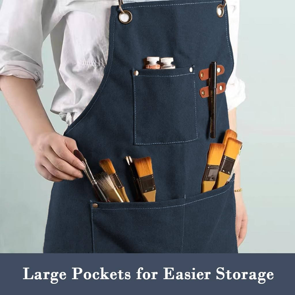 HASTHIP Canvas Work Apron for Kitchen and Workshop with Metal Eyelets and Multi Pockets | Dark Blue Adjustable Tie Back