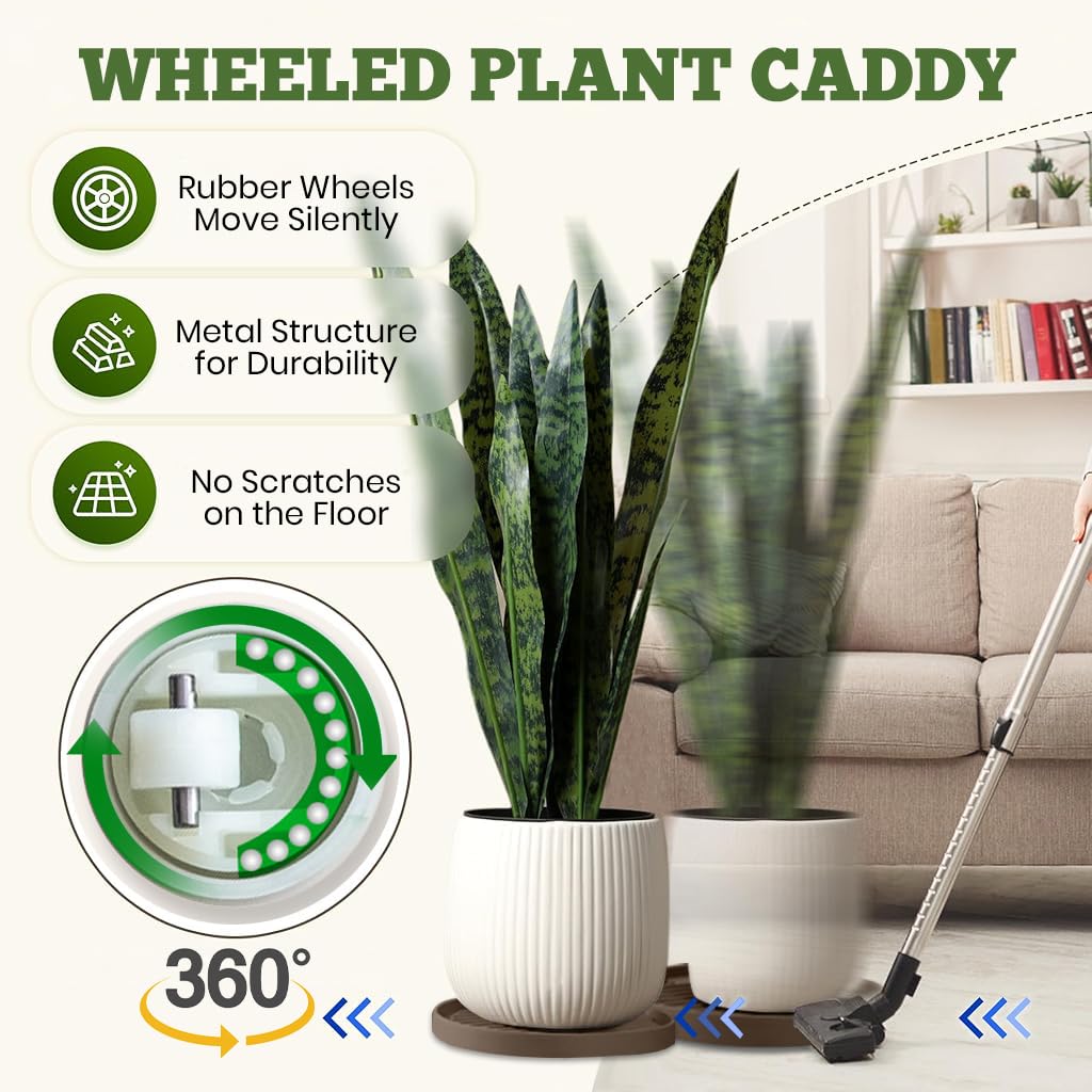 HASTHIP Plant Pot Stand for Indoor and Outdoor Use with 360° Wheels and Spiral Ridged PP Tray | 37 cm Round Brown
