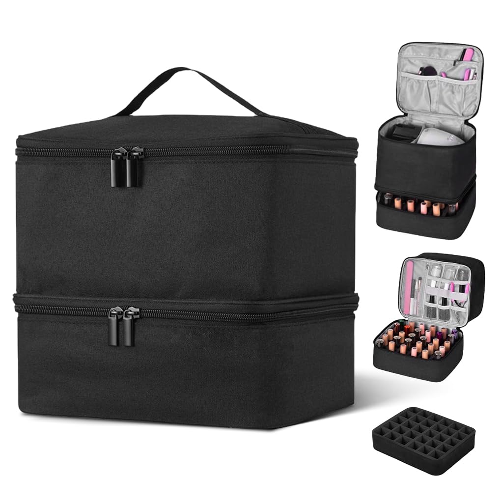 HASTHIP® Organizador de Esmaltes de Uñas,Estuche Doble Capas Portátil para 30 Botellas (15ml),Bolsa Viaje con Asa,Gran Capacidad para Lámpara y Herramientas Manicura Impermeable