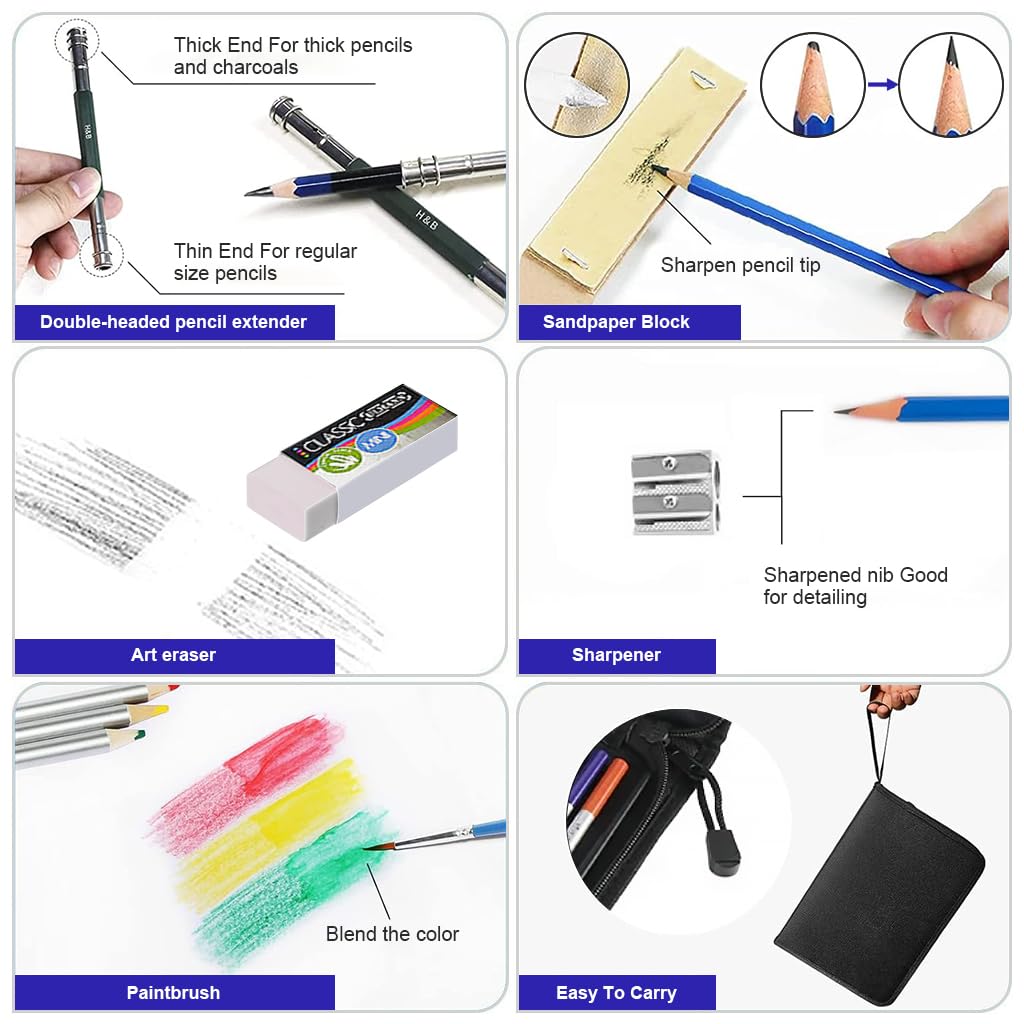 HASTHIP Sketching Kit for Artists and Students with 51 Pcs Tools & Zipper Case | Non Toxic Wood Pencils and Charcoal