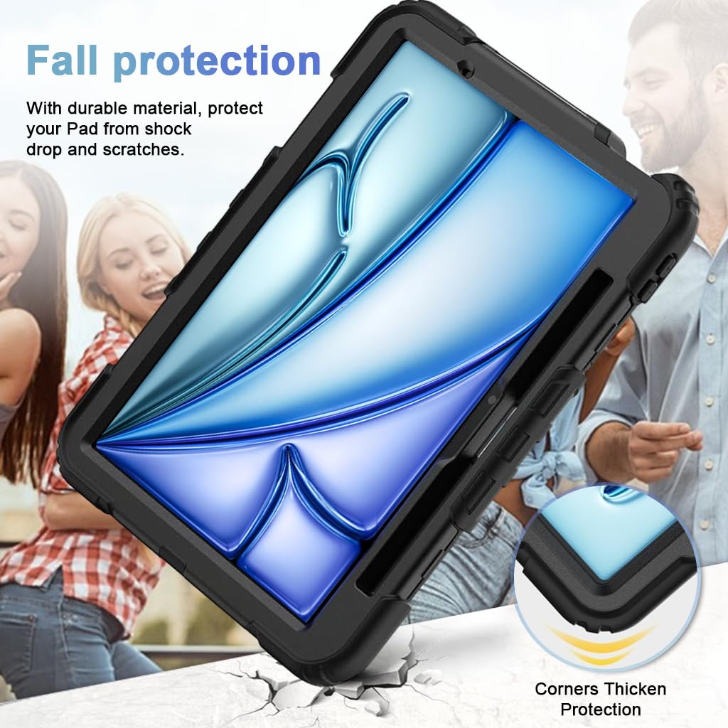 HASTHIP® Case for iPad Air 11 2025/2024 M3/M2/Air 5th/4th Gen 10.9/Pro 11 4th/3rd Gen with Pencil Holder 360° Kickstand & Adjustable Hand Grip Strap Dual Pen Storage Design Travel Silicone Cover