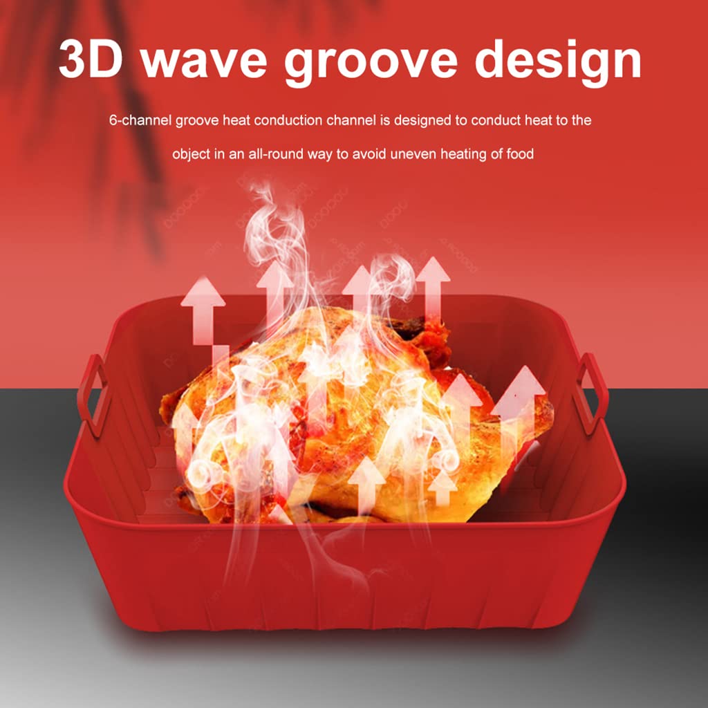HASTHIP Air Fryer Silicone Baking Tray, 8.2 Inch Non-Stick Silicone Air Fryer Liners for 4-7QT, Reusable Square Air Fryer Oven Pot with Anti-Scalding Handles, Food Safe Air Fryers Accessories (Red)