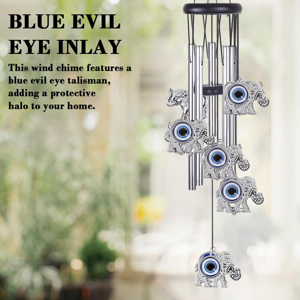HASTHIP Evil Eye Elephant Wind Chimes for Home Décor with 25 in Aluminum Tubes | Blue Charm for Positive Energy