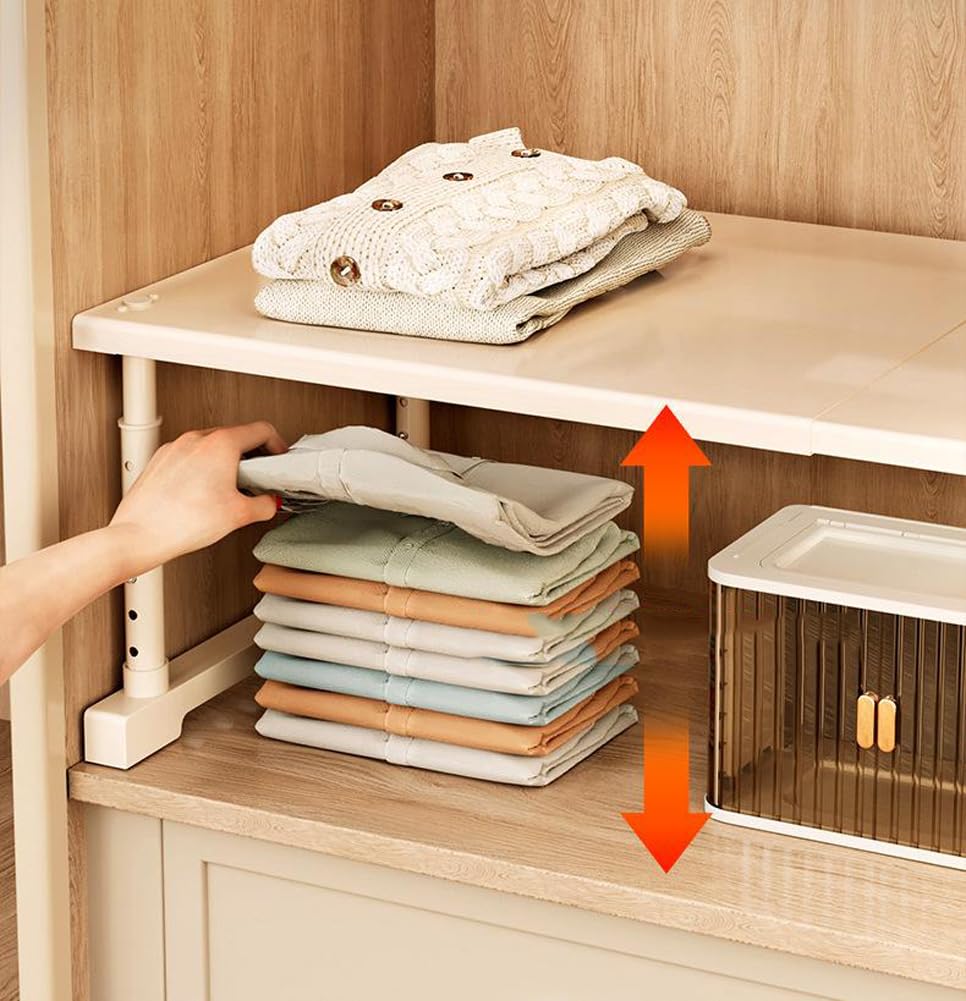 HASTHIP® Adjustable Wardrobe Storage Divider Shelf, Adjustable Length & Height, 40-65 x 35-50cm, Heavy Duty Carbon Steel Made, Non-Slip Multipurpose Storage Shelf for Cabinet, Wardrobe
