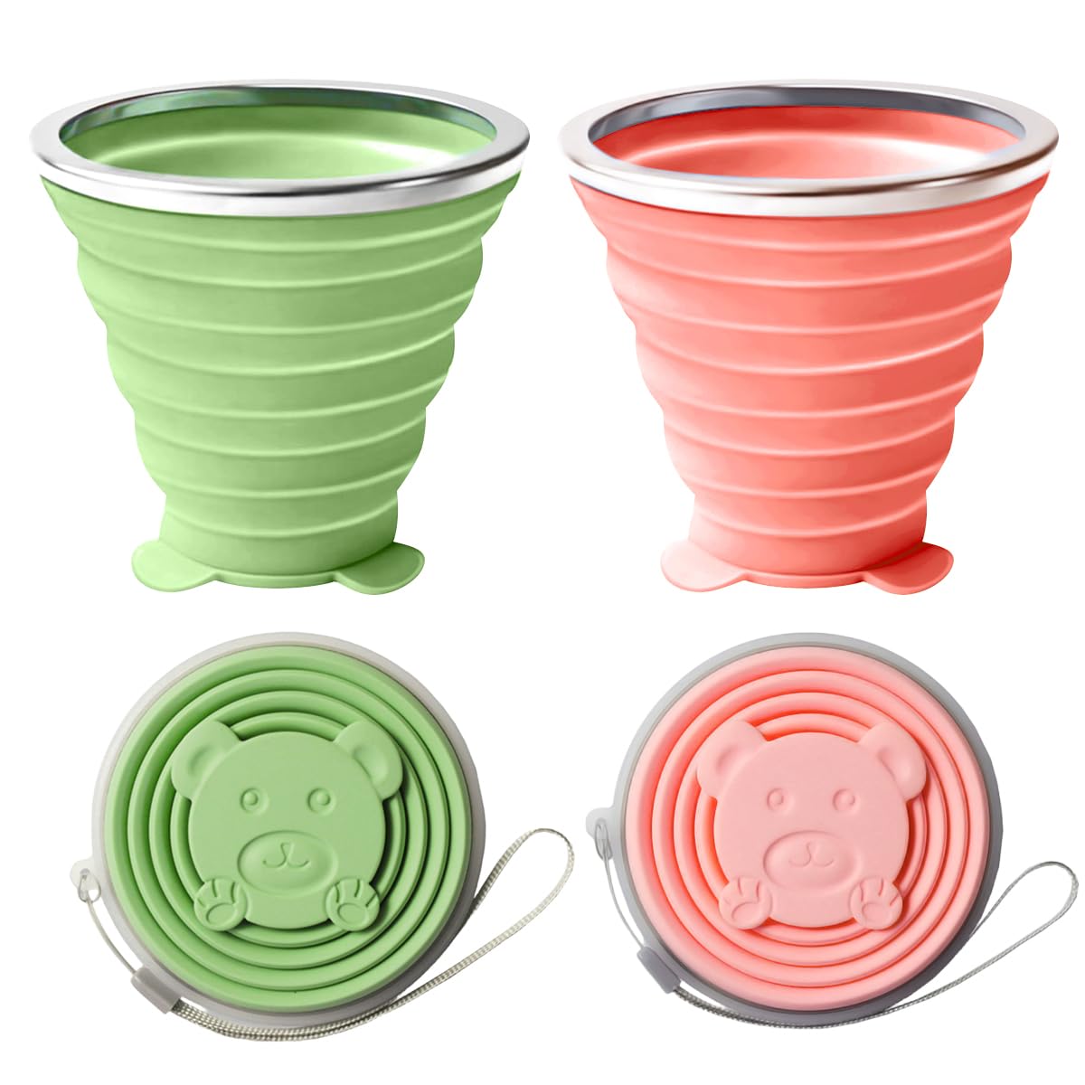 HASTHIP Collapsible Cup for Travel and Camping with Lids featuring 180 ml Silicone Design | Pink and Green 2 Pack