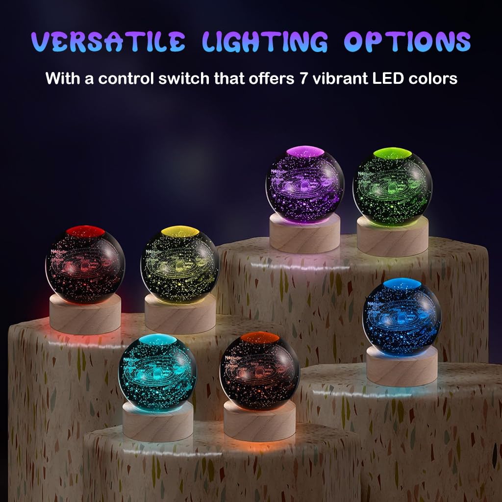 3D Solar System Crystal Ball Night Light, 7 Colors Change Glass Ball Lamp with LED Light Wooden Base, Solar System Lamp for Bedroom Home Decor, Birthday Astronomy Space Gifts for Kids Friend