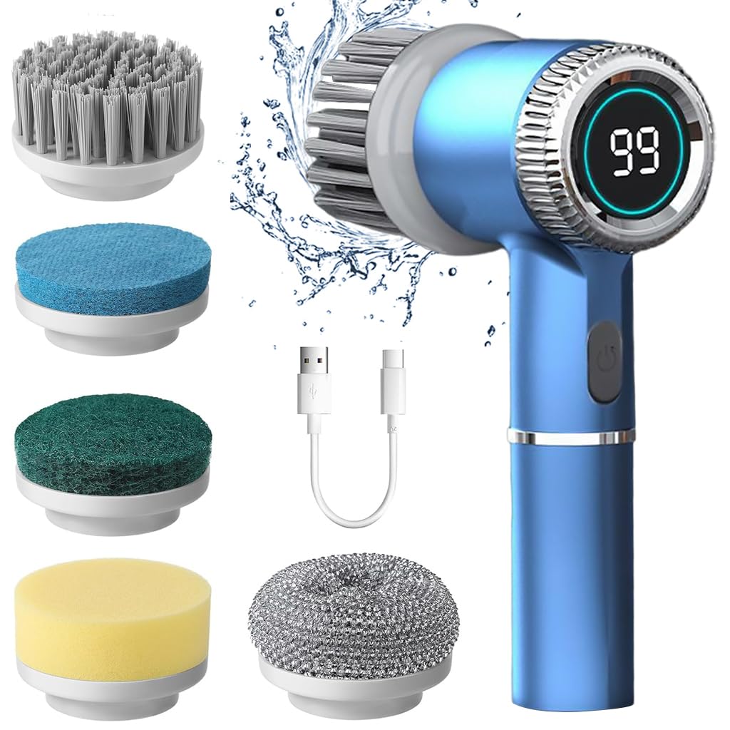 HASTHIP® Cordless Electric Spin Scrubber Cleaning Brush with 5 Replaceable Brush Heads, Electric Bathroom Cleaning Brush with Power Display, 3 Speeds & Max 2400RPM, Electric Cleaning Brush for Home