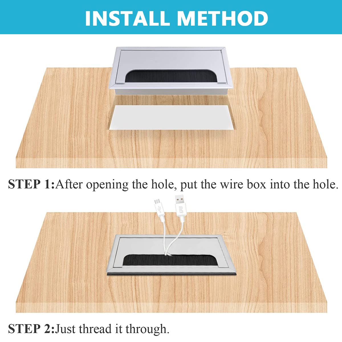 HASTHIP Wire Cable Hole Cover for Office Desk 160mm 80mm with Dust Proof Brush Silver