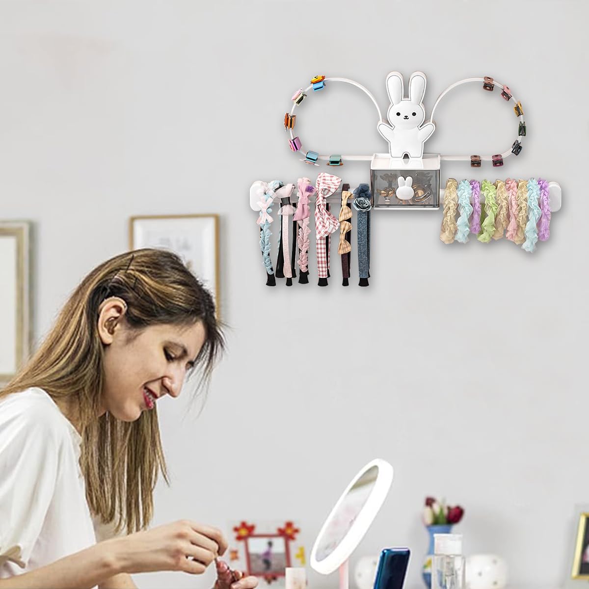 Headband Holder Stand Scrunchie Organizer, Girls Hair Accessories Organizer Storage for Headband Hairband Hair Ties, Adhesive Scrunchy Holder Scrunchie Storage