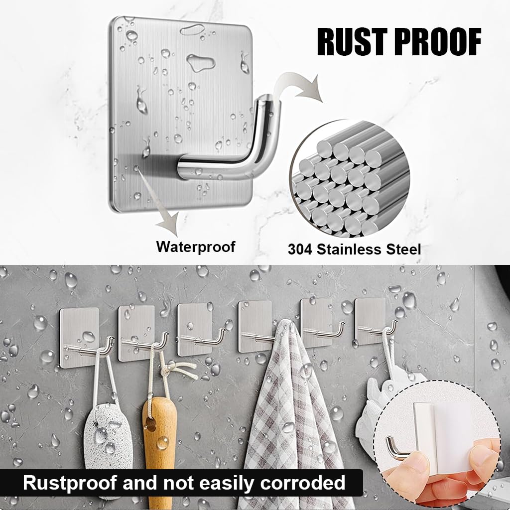 HASTHIP Self Adhesive Wall Hooks for Bathroom and Kitchen with 6.6lbs Capacity | Rust-Proof Stainless Steel Pack of 8