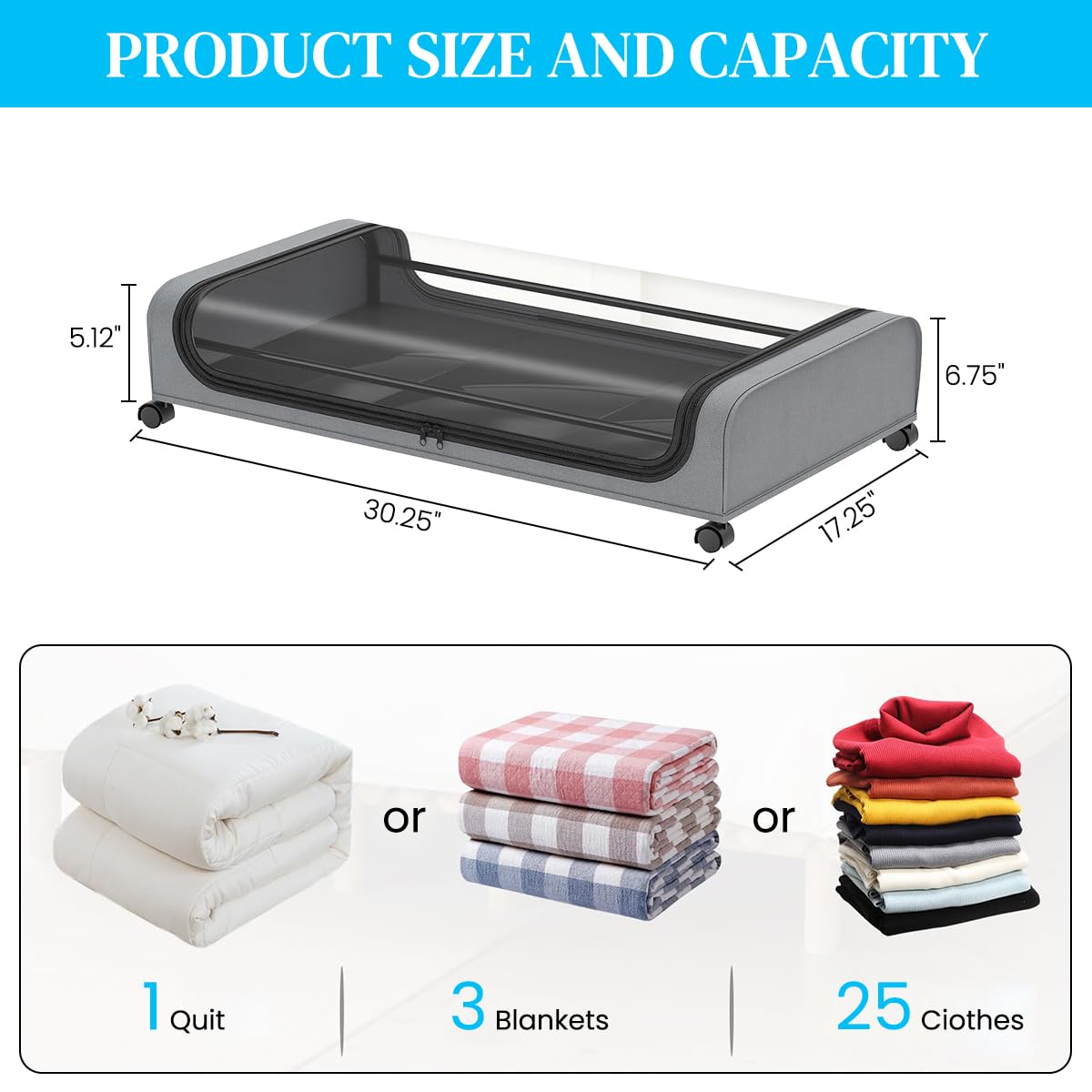 HASTHIP Under Bed Storage for Clothes and Shoes with Wheels and Clear Lid 80x44x13cm
