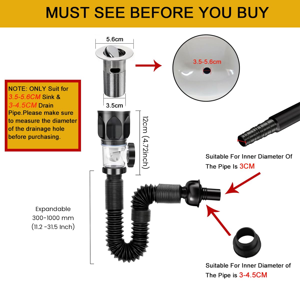 Sink Drain Kit with Flexible Expandable P-Trap Sink Drain Pipe Tube Anti-Odor Bathroom Sink Drain Pipe 3 in 1 Plumbing, Fits for 1-1/4'' & 1-1/2'' Drain Hole, For Kitchen Bathroom Sewer Drain