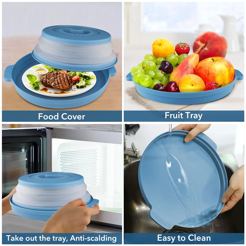 HASTHIP Microwave Plate Cover and Tray for Food Heating with Steam Vent | 10.5 in Collapsible BPA Free Blue Lid