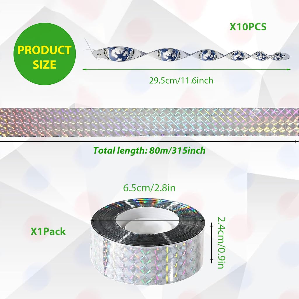 HASTHIP Bird Repellent Set for Gardens and Orchards with 10pcs Spiral Sticks and 2.4cm x 80m Reflective Tape | Silver Holographic Design