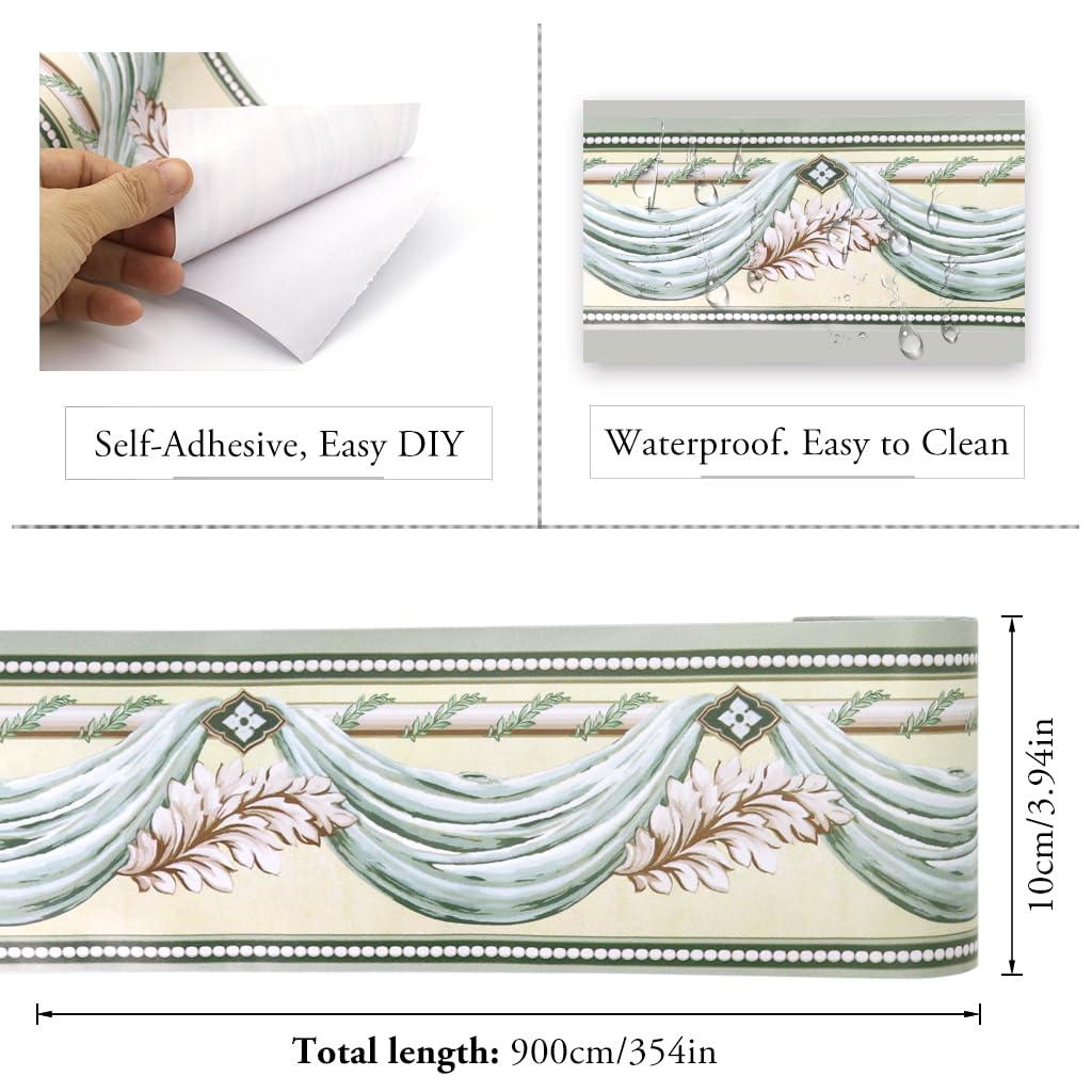 HASTHIP® Wall Border Sticker - 3.9''×29.5 Ft Self-Adhesive Floral Trim PVC Frame Sticker, Kitchen Bathroom Waterproof Wallpaper Border Self Adhesive Tiles Sticker for Room Decor, Cupboard (Green)
