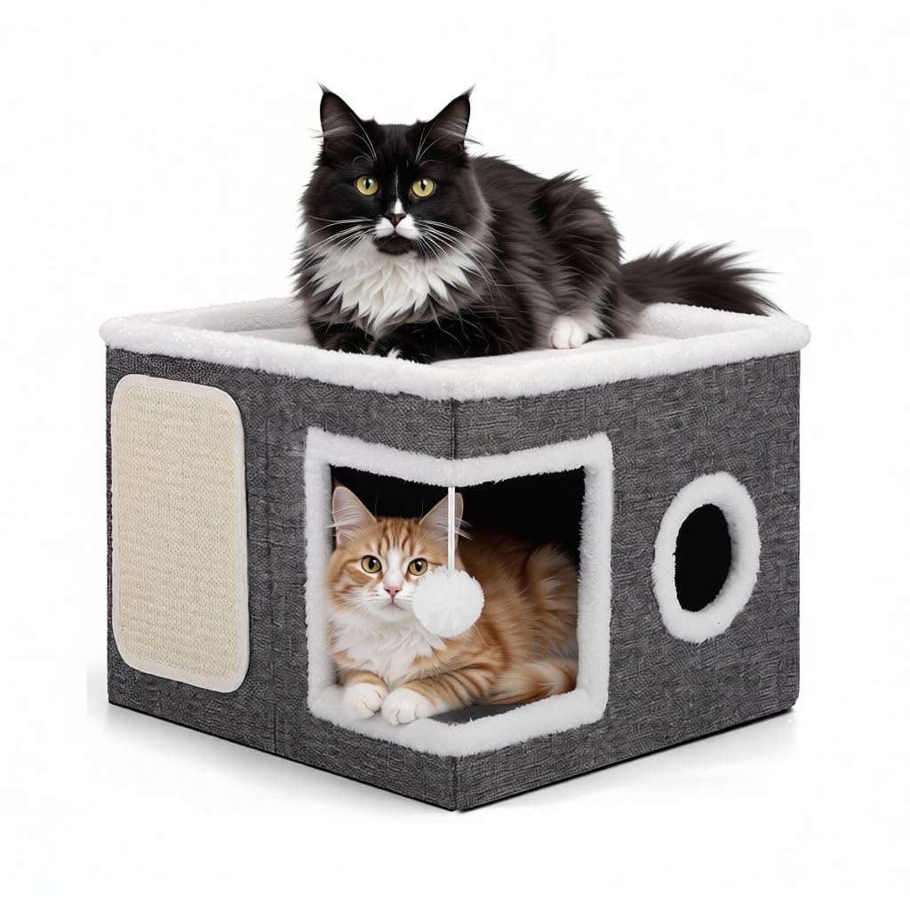 HASTHIP® Cat Activity Center - Square Hideout House with Scratching Roof & Hanging Pom Pom Toys Dual Entry Design for Indoor Cats All-Season Cardboard Playhouse