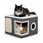 HASTHIP® Cat Activity Center - Square Hideout House with Scratching Roof & Hanging Pom Pom Toys Dual Entry Design for Indoor Cats All-Season Cardboard Playhouse