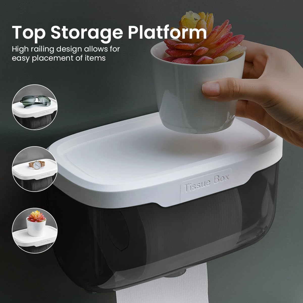 HASTHIP Toilet Paper Holder for Bathroom with Utility Shelf 20x12x12cm | ABS Plastic Wall Mount Design