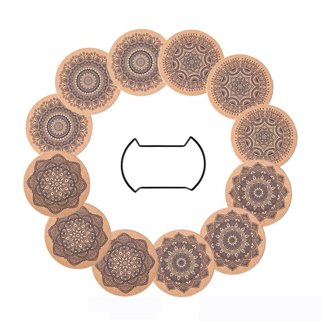 HASTHIP Mandala Coasters for Tea and Coffee Cups with 12pcs 3.9 in Cork Design | Organizer Rack Gift Set