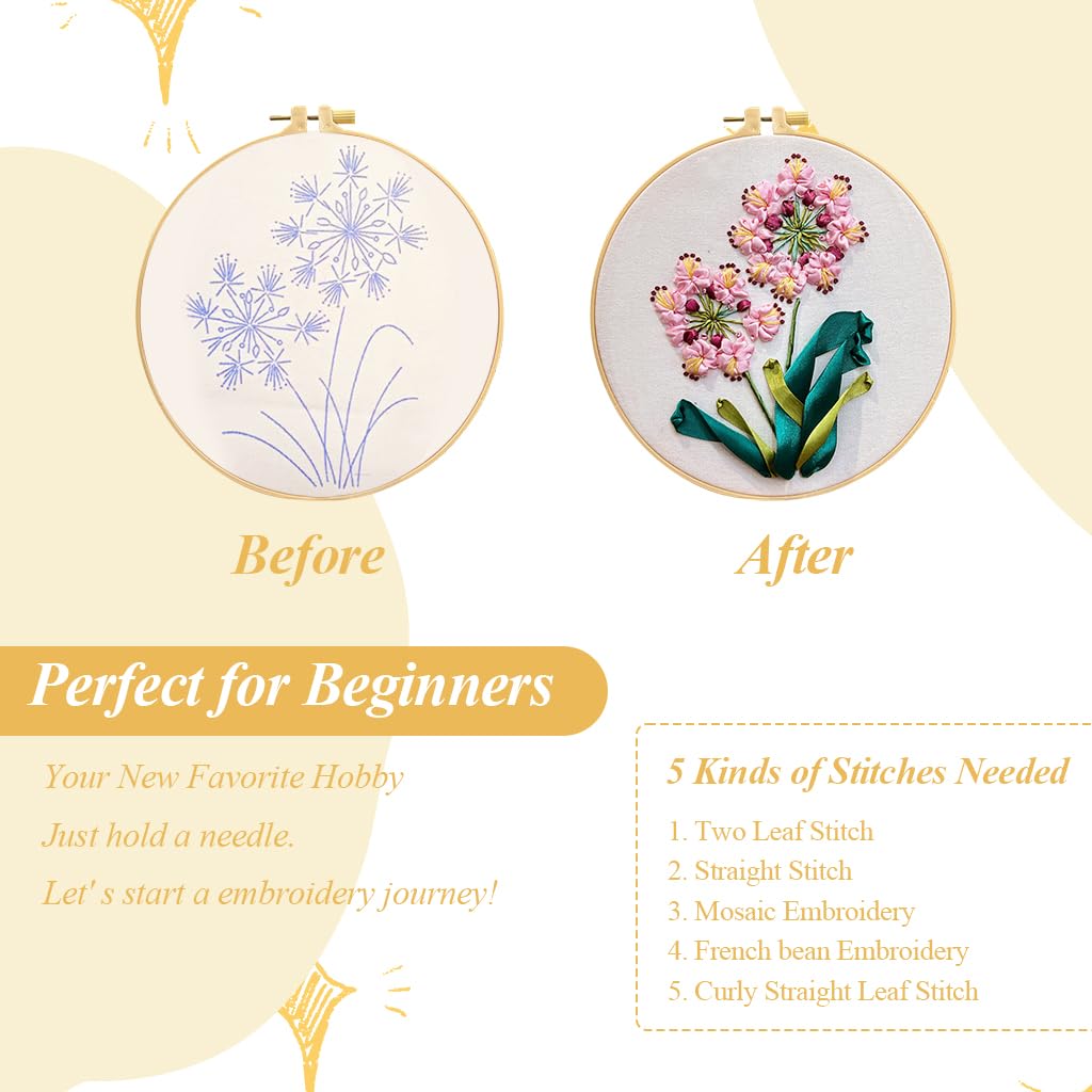 HASTHIP Embroidery Kit for Beginners with Pre Printed Canvas and Ribbon Art | Light Pink Set