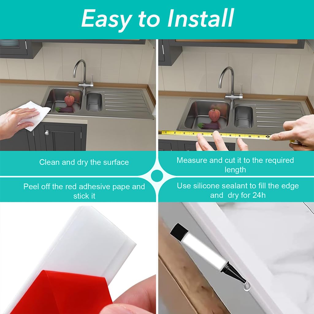 HASTHIP Silicone Water Stopper for Kitchen Slab featuring 39 inch Self Adhesive Barrier | White TPE Strip for Shower and Sink Edge