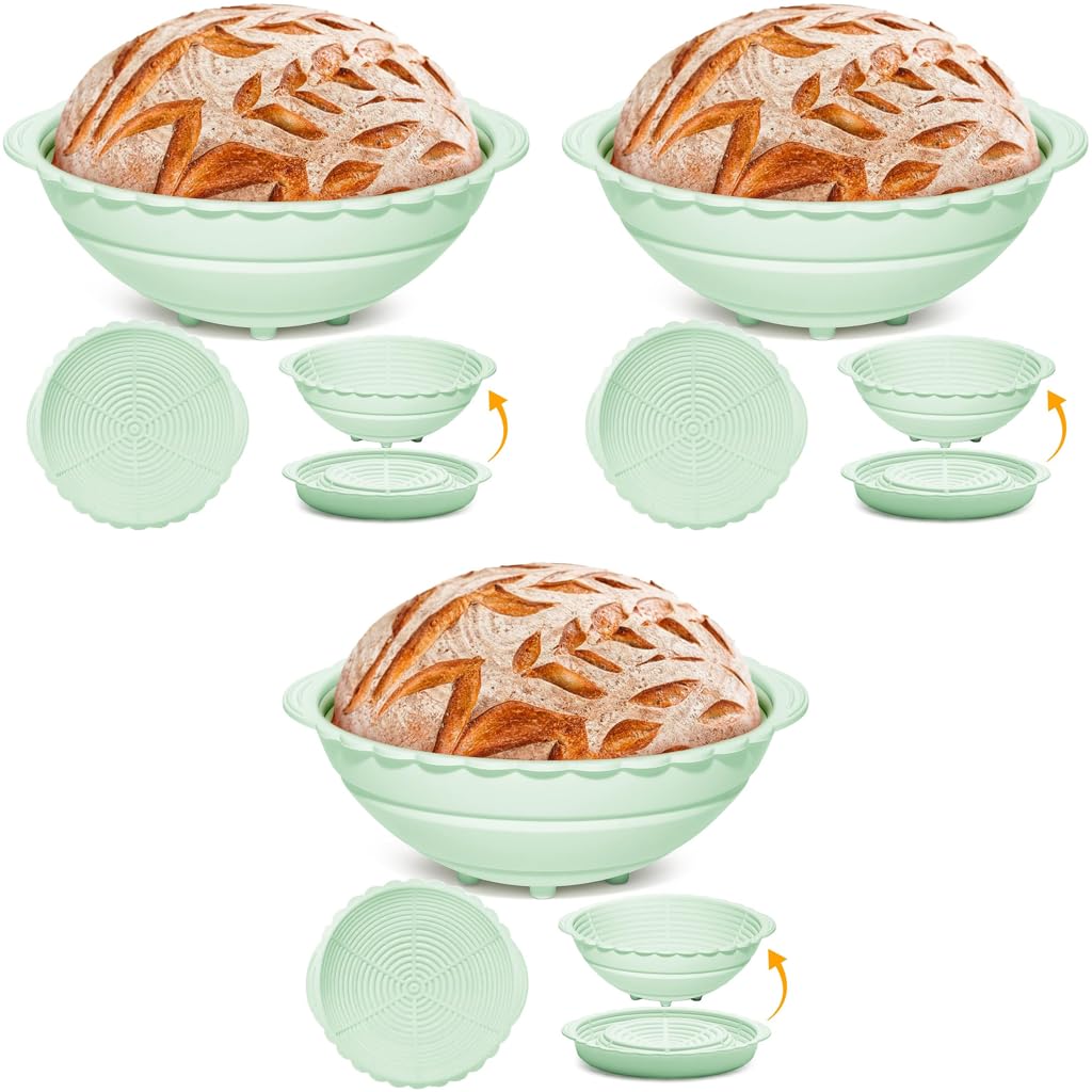 HASTHIP Silicone Bread Basket for Sourdough Proofing with Folding Design 9.6 in 3 pcs Green